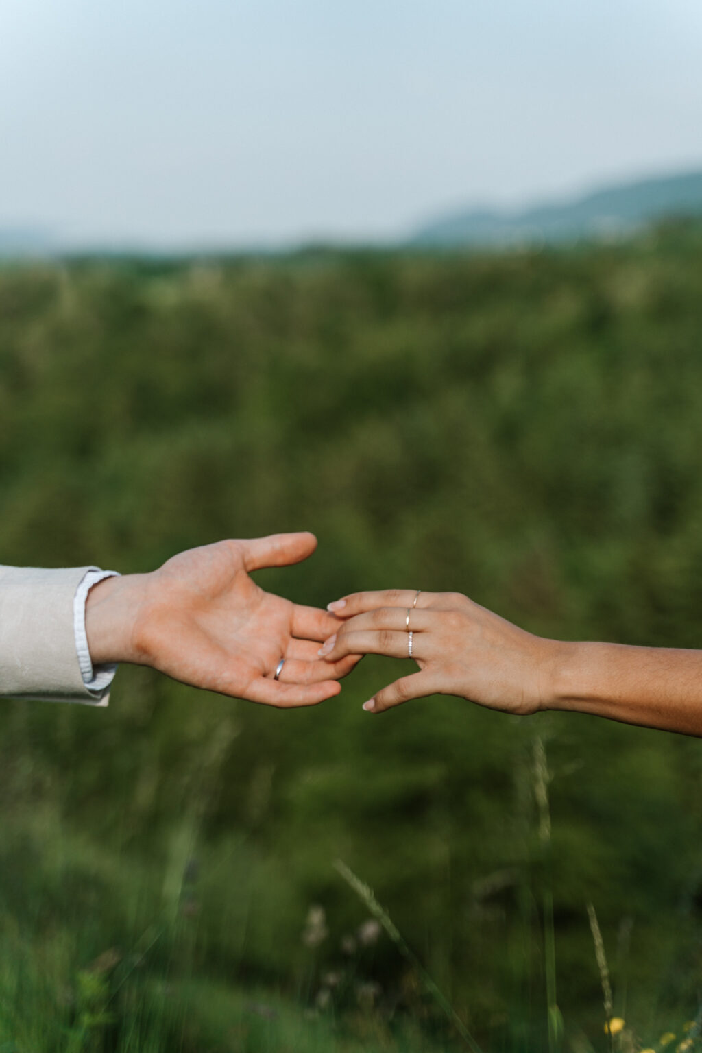 Hände berühren sich vor grüner Landschaft – Hochzeitsfotografie Burgenland